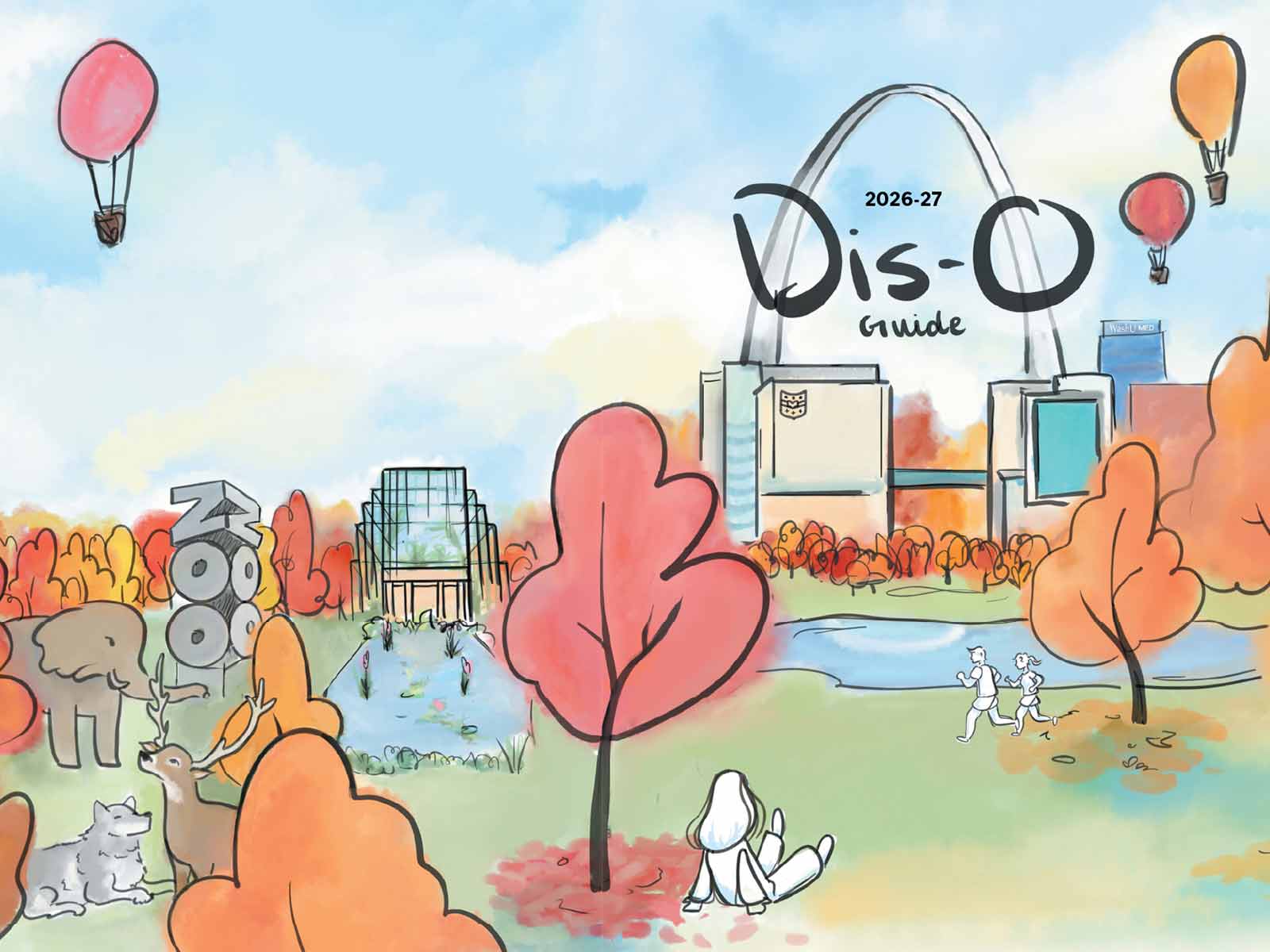 Cover of the 2026-2027 Dis-O Guide, a watercolor illustration of a green park with a lake an medical buildings and the Gateway Arch on the horizon